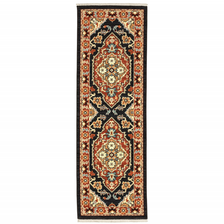 2' x 6' Black Orange and Beige Oriental Power Loom Runner Rug with Fringe