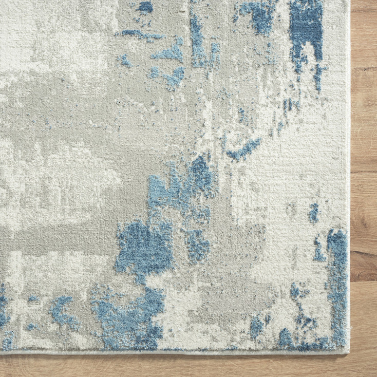 2' x 6' Ivory Gray and Blue Abstract Stain Resistant Area Rug
