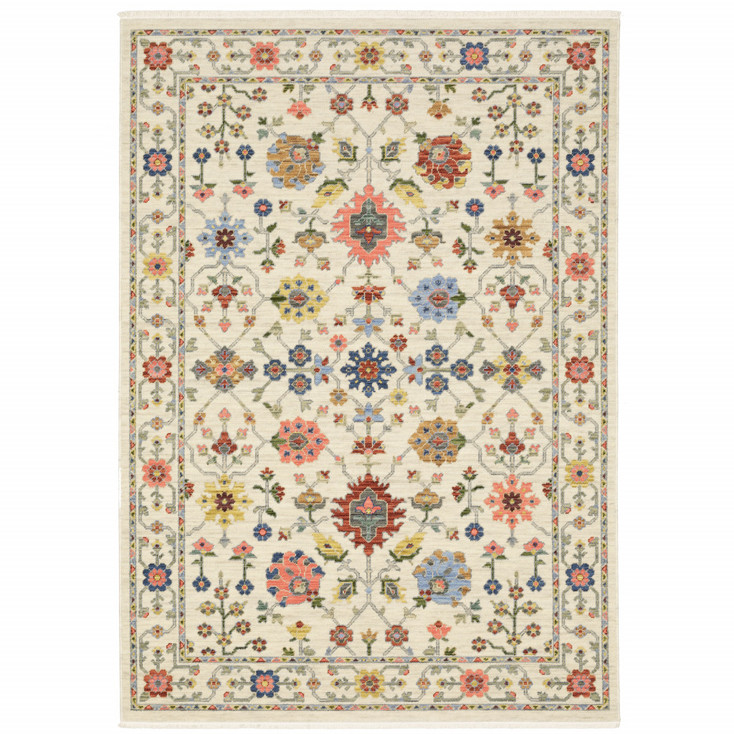 2' x 6' Ivory Salmon Pink Gold Blues Grey Rust and Green Oriental Power Loom Runner Rug