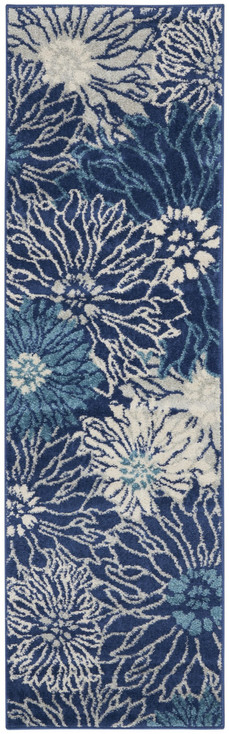 2' x 6' Blue and Ivory Floral Dhurrie Runner Rug