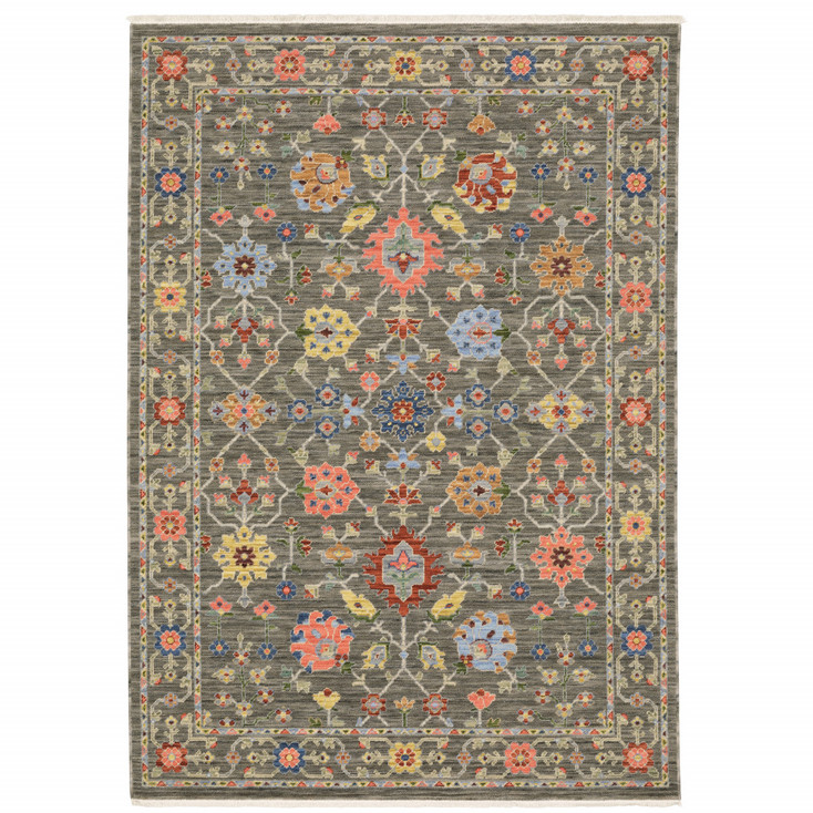 2' x 6' Grey Salmon Pink Gold Blue Rust Deep Blue Ivory & Green Oriental Power Loom Rug