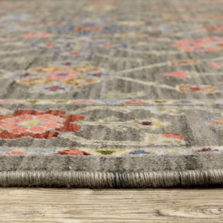 2' x 6' Grey Salmon Pink Gold Blue Rust Deep Blue Ivory & Green Oriental Power Loom Rug