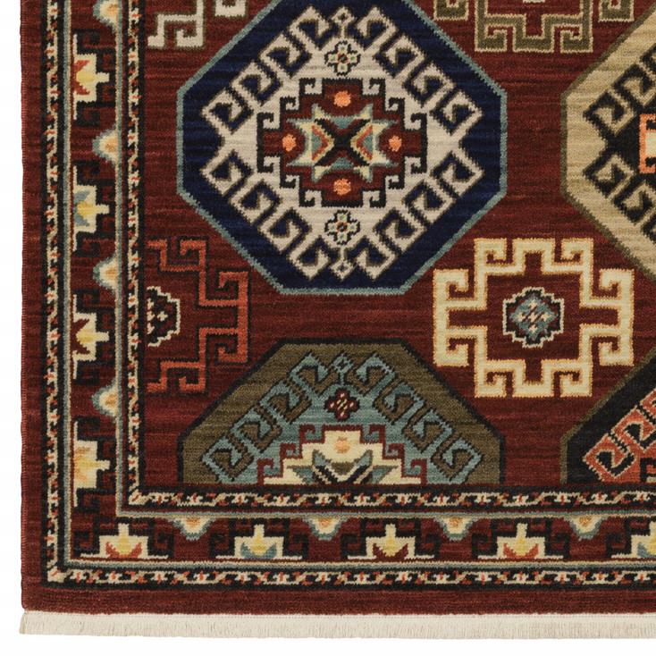 2' x 6' Red Blue Brown and Beige Oriental Power Loom Runner Rug with Fringe
