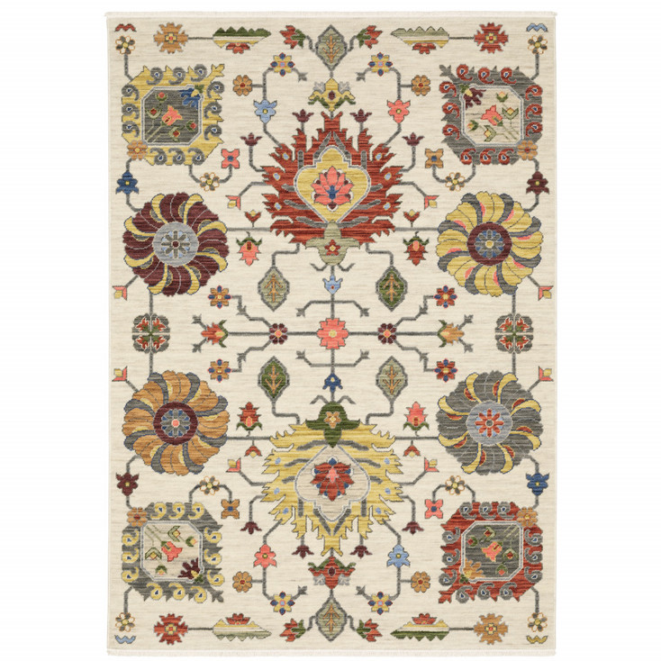 2' x 6' Ivory Yellow Rust Green Grey Pink Orange Blue & Grey Oriental Power Loom Rug