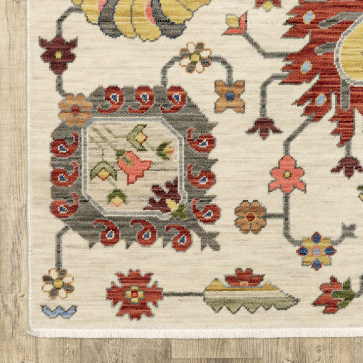 2' x 6' Ivory Yellow Rust Green Grey Pink Orange Blue & Grey Oriental Power Loom Rug