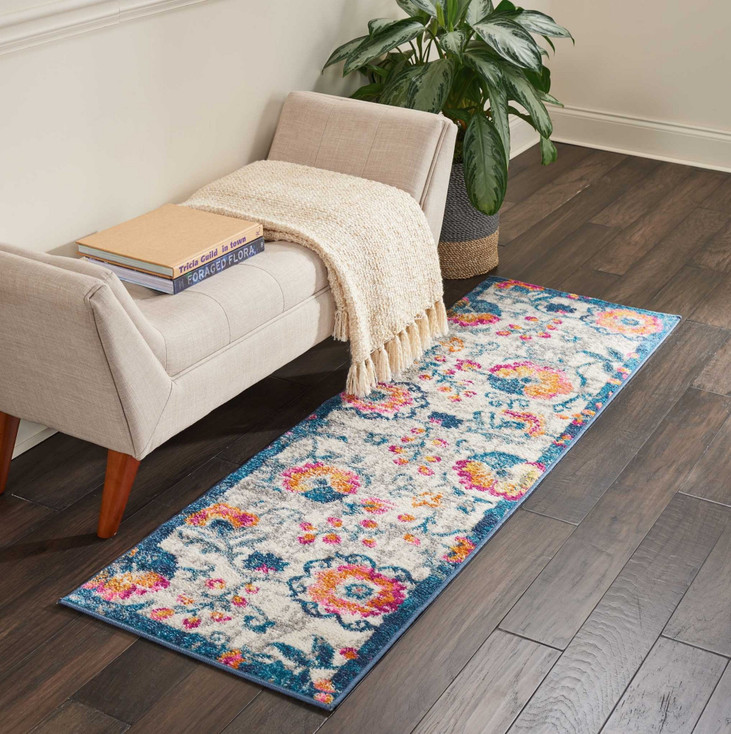 2' x 6' Ivory and Blue Floral Vines Runner Rug