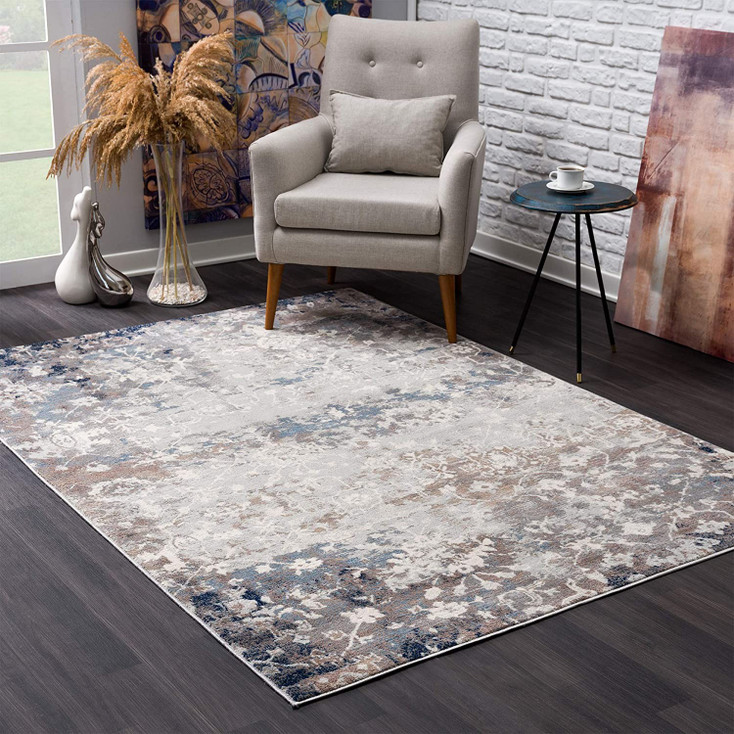 2' x 6' Navy and Beige Distressed Vines Area Rug