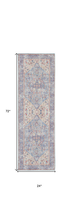 2' x 6' Blue Oriental Power Loom Distressed Washable Runner Rug
