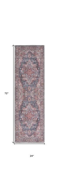 2' x 6' Red Oriental Power Loom Distressed Washable Runner Rug