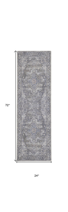 2' x 6' Grey Oriental Power Loom Distressed Runner Rug