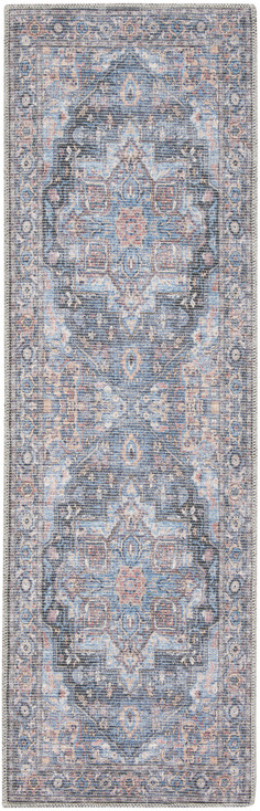 2' x 6' Light Blue Oriental Power Loom Distressed Washable Runner Rug