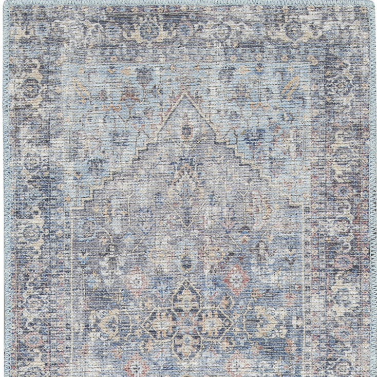 2' x 6' Light Grey and Blue Oriental Power Loom Distressed Washable Runner Rug