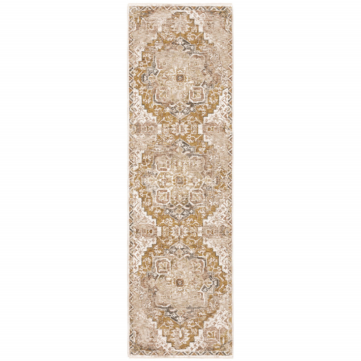 2' x 8' Gold and Ivory Oriental Power Loom Stain Resistant Runner Rug with Fringe