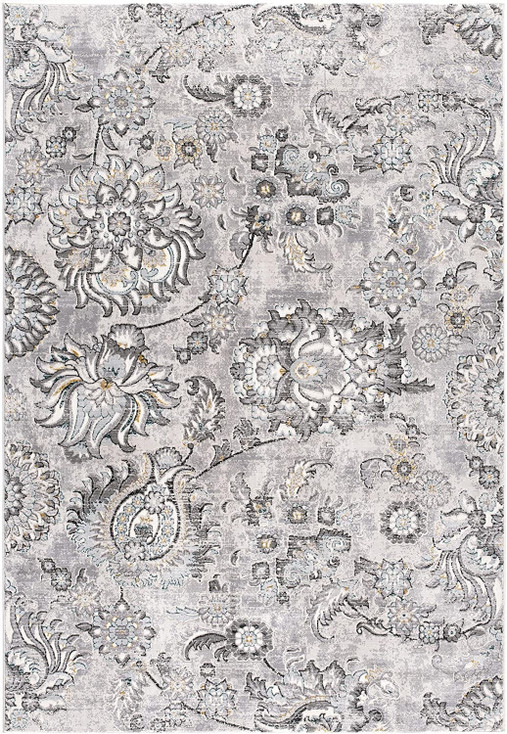 2' x 8' Grey Floral Power Loom Stain Resistant Area Rug