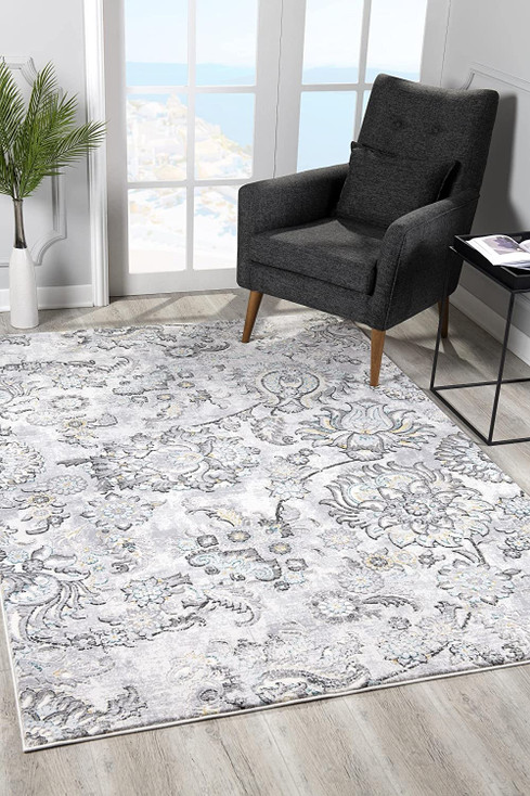 2' x 8' Grey Floral Power Loom Stain Resistant Area Rug