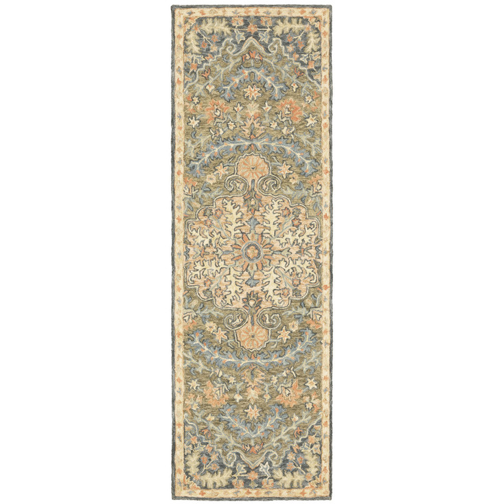 2' x 8' Blue Green Clay and Gold Oriental Tufted Handmade Runner Rug