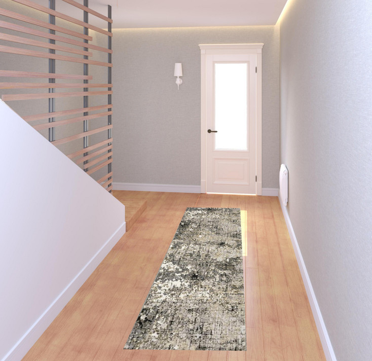 2' x 8' Grey Ivory Beige Charcoal Black Tan and Brown Abstract Power Loom Runner Rug