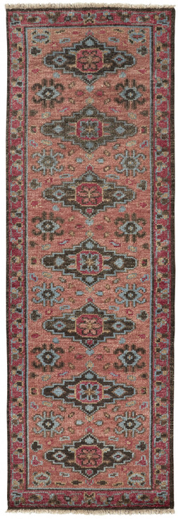 2' x 8' Red Orange and Blue Wool Floral Hand Knotted Distressed Runner Rug with Fringe