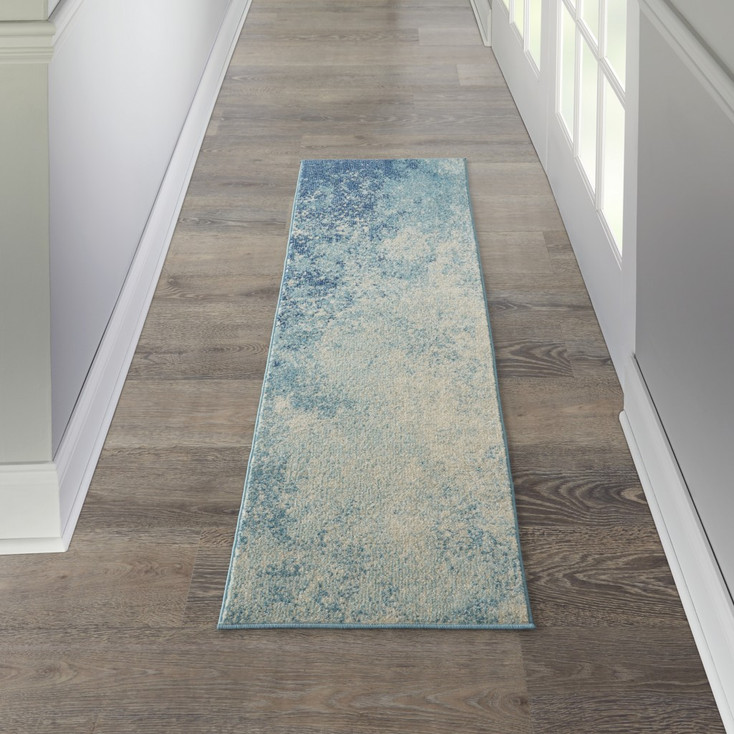2' x 8' Ivory and Blue Abstract Power Loom Runner Rug