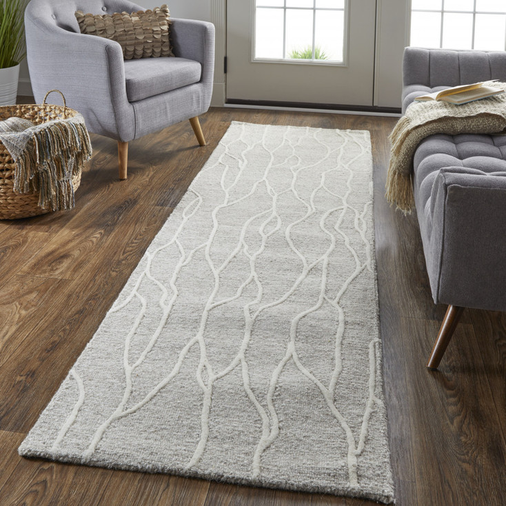 2' x 8' Taupe and Ivory Wool Abstract Tufted Handmade Stain Resistant Runner Rug