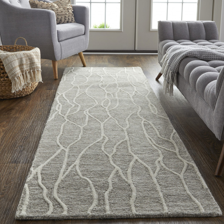 2' x 8' Taupe and Ivory Wool Abstract Tufted Handmade Stain Resistant Runner Rug