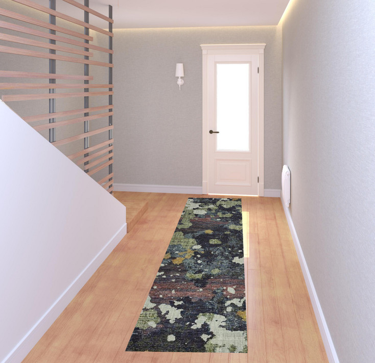 2' x 8' Navy and Green Abstract Power Loom Stain Resistant Runner Rug