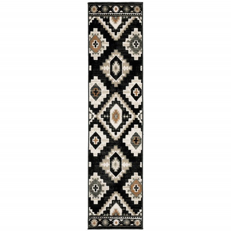 2' x 8' Black Grey Tan Orange and Ivory Southwestern Power Loom Runner Rug
