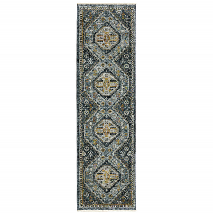 2' x 8' Blue Gold Ivory and Navy Oriental Power Loom Runner Rug with Fringe