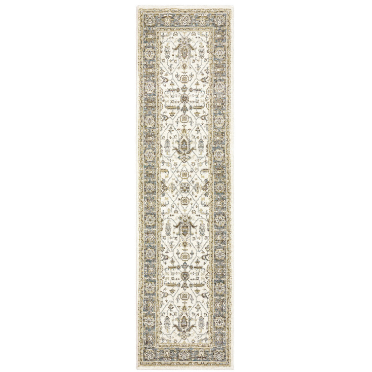2' x 8' Ivory Grey and Blue Oriental Power Loom Stain Resistant Runner Rug