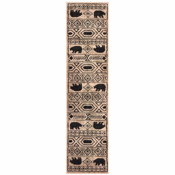 2' x 8' Ivory and Black Southwestern Power Loom Stain Resistant Runner Rug