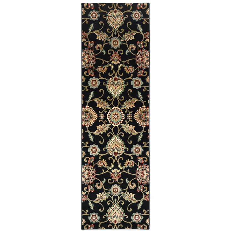 2' x 8' Black Red Green Ivory Salmon and Yellow Floral Power Loom Runner Rug