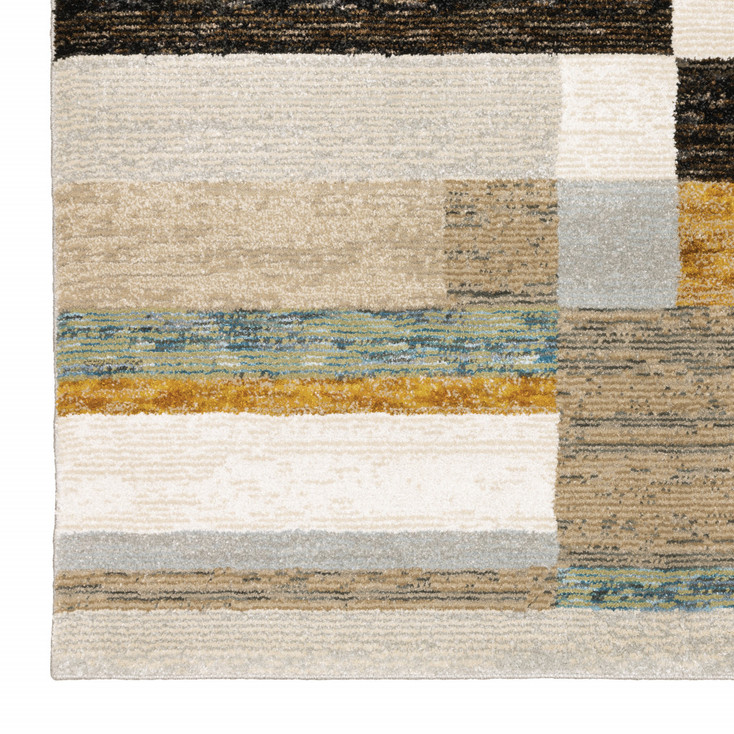 2' x 8' Beige Gold Black Grey Tan Teal and Rust Geometric Power Loom Runner Rug