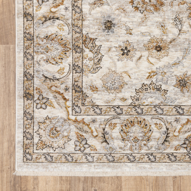 2' x 8' Ivory & Grey Oriental Power Loom Stain Resistant Runner Rug with Fringe