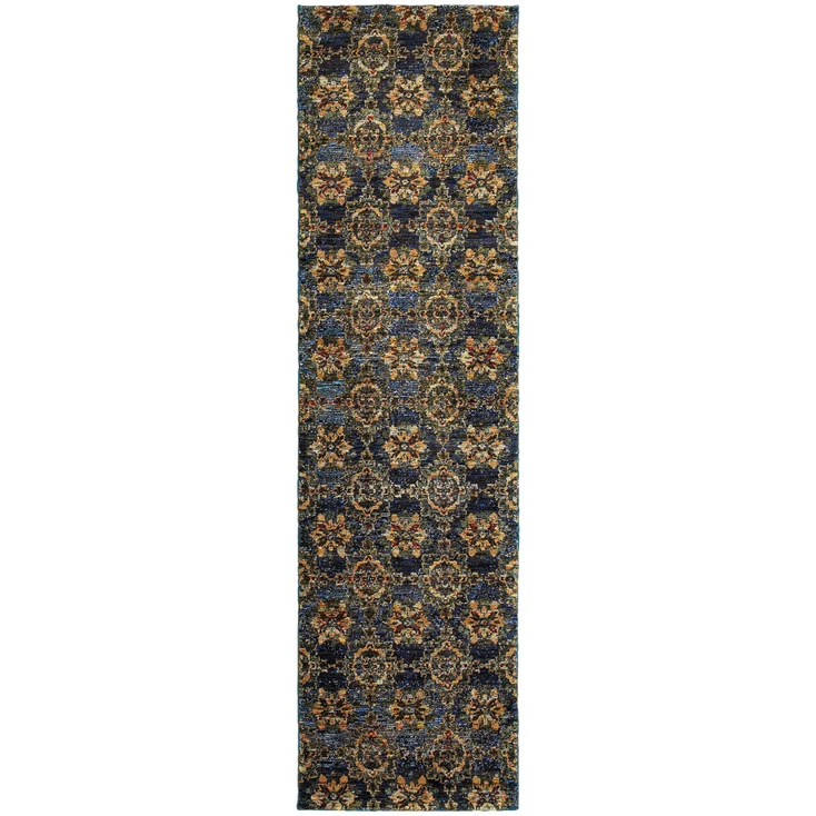 2' x 8' Blue and Gold Oriental Power Loom Stain Resistant Runner Rug