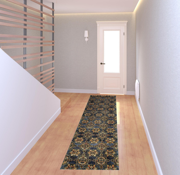 2' x 8' Blue and Gold Oriental Power Loom Stain Resistant Runner Rug