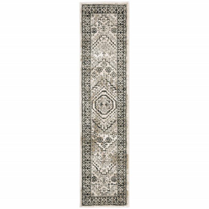 2' x 8' Ivory Grey Black and Ivory Oriental Power Loom Stain Resistant Runner Rug