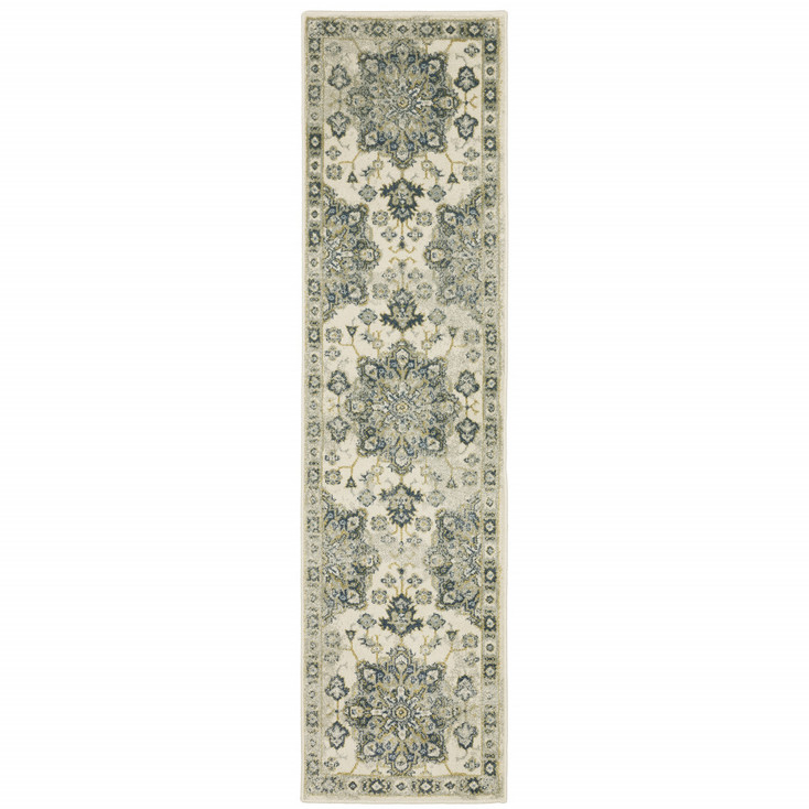 2' x 8' Ivory Blue Teal Grey and Olive Green Oriental Power Loom Runner Rug