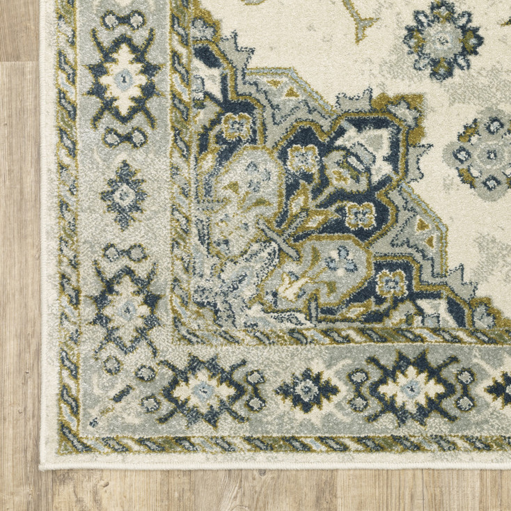 2' x 8' Ivory Blue Teal Grey and Olive Green Oriental Power Loom Runner Rug