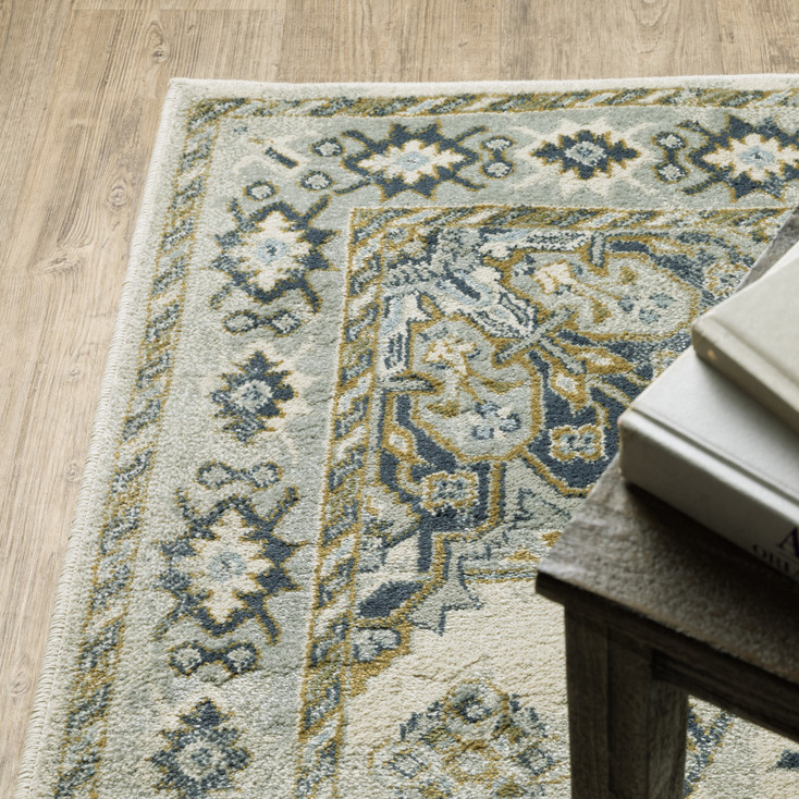 2' x 8' Ivory Blue Teal Grey and Olive Green Oriental Power Loom Runner Rug