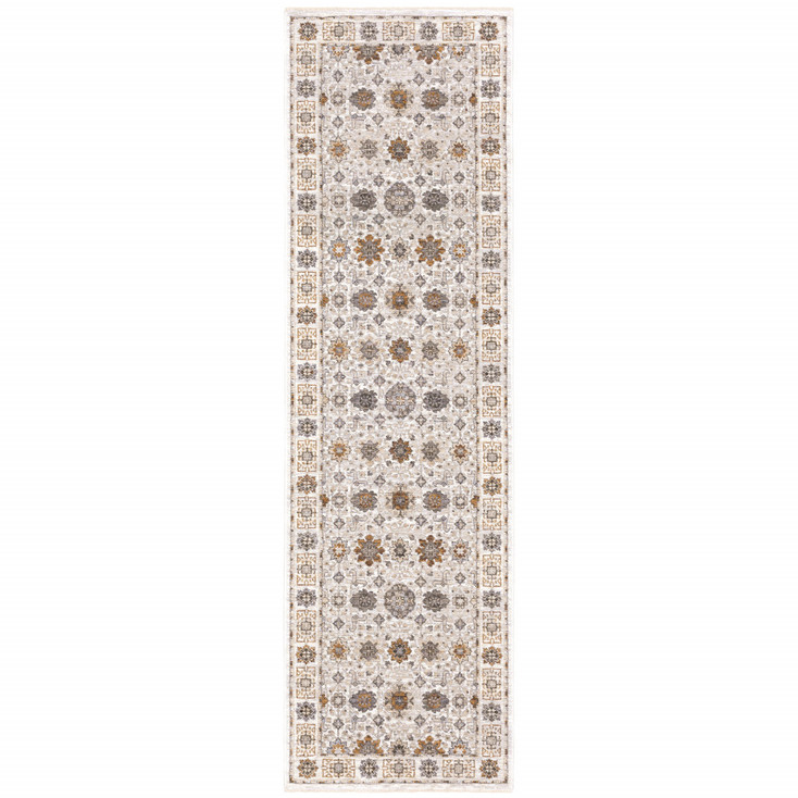 2' x 8' Ivory and Gold Oriental Power Loom Stain Resistant Runner Rug with Fringe