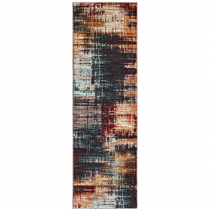 2' x 8' Blue Gold Red and Grey Abstract Power Loom Stain Resistant Runner Rug