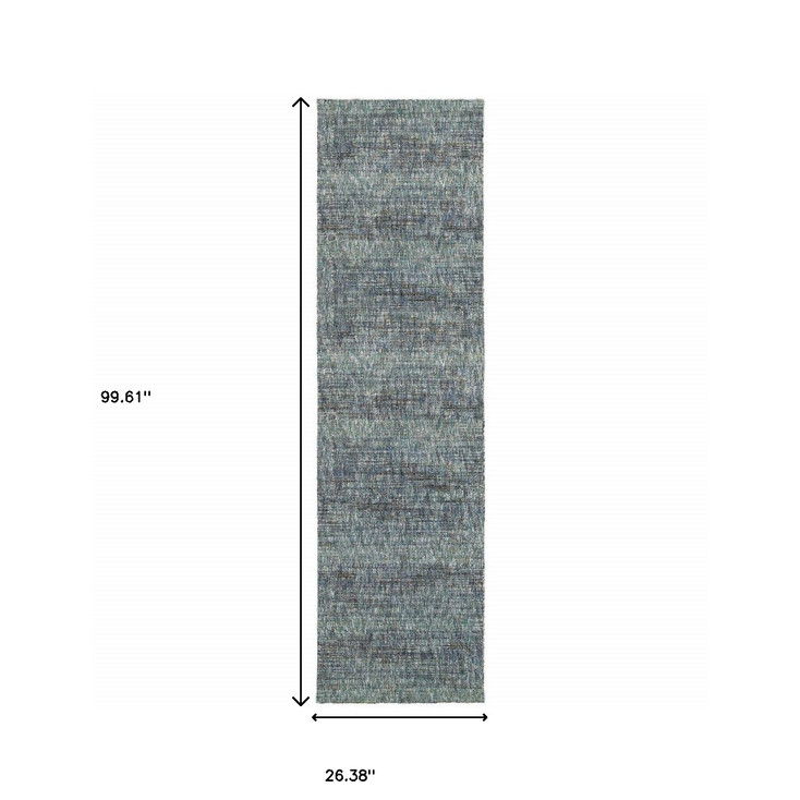 2' x 8' Blue Grey Silver and Green Power Loom Stain Resistant Runner Rug