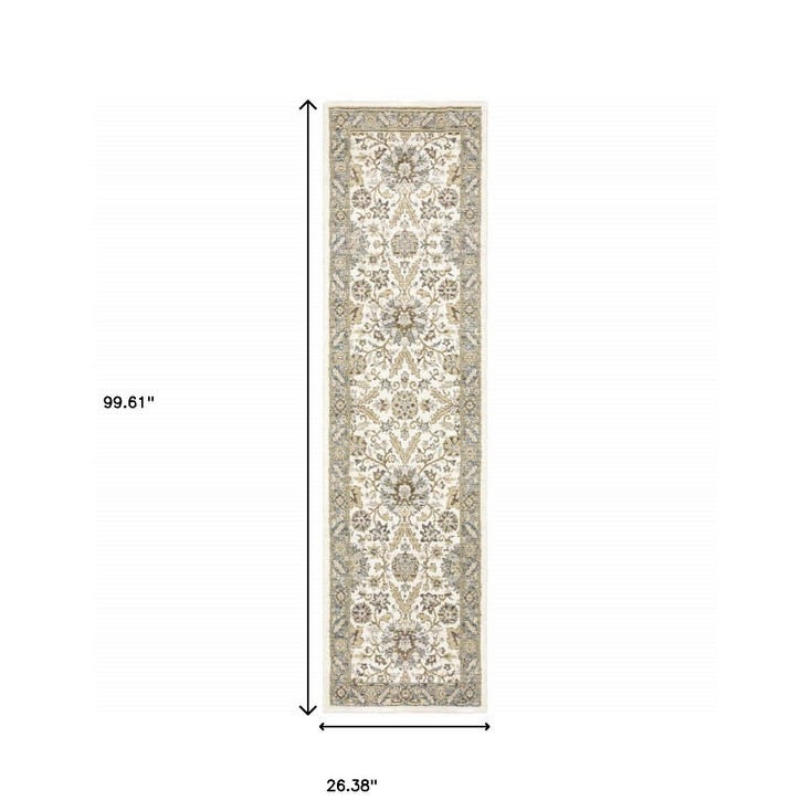 2' x 8' Stone Grey Ivory Green Brown Teal and Light Blue Oriental Power Loom Runner Rug