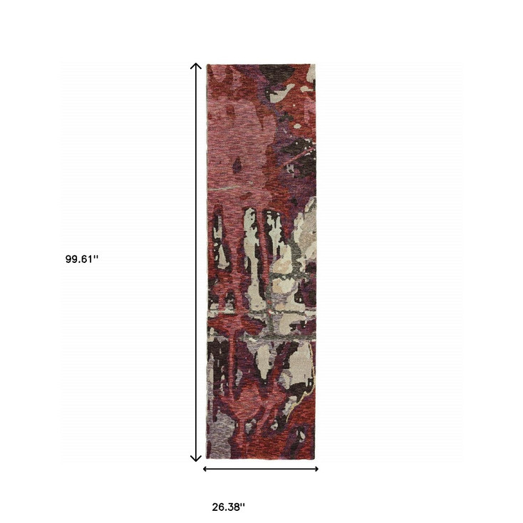 2' x 8' Red and Beige Abstract Power Loom Stain Resistant Runner Rug