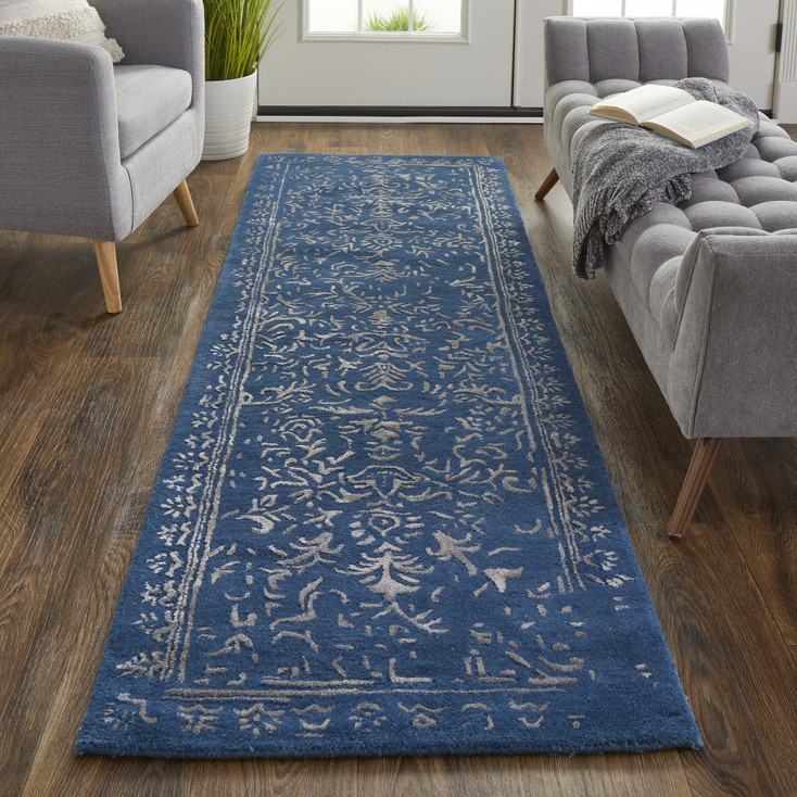 2' x 8' Blue and Silver Wool Floral Tufted Handmade Distressed Runner Rug