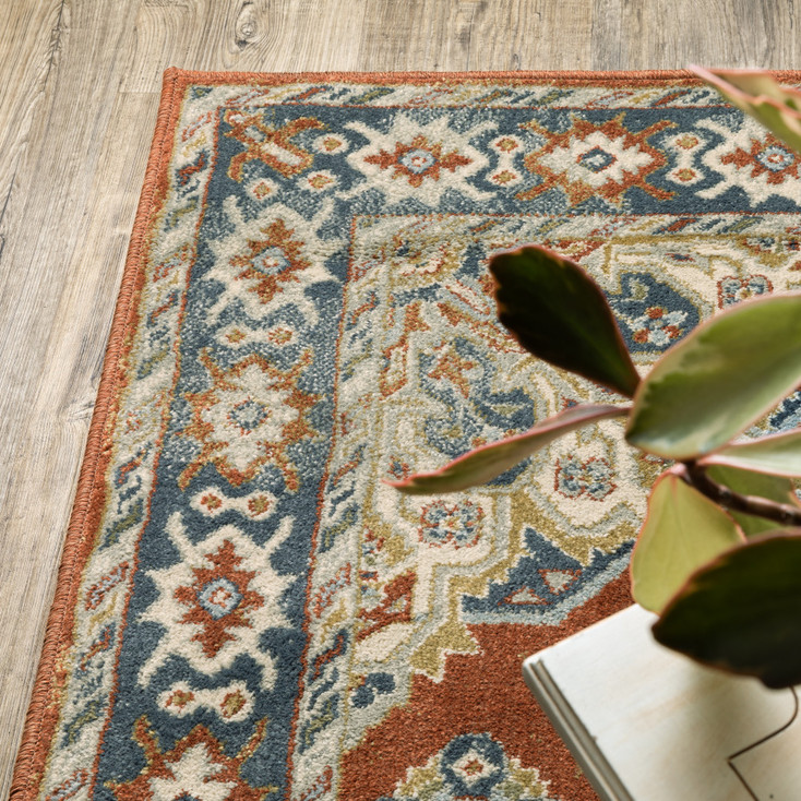2' x 8' Rust Beige Teal Blue and Gold Oriental Power Loom Stain Resistant Runner Rug