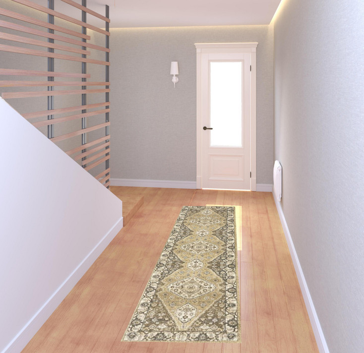 2' x 8' Beige Grey Tan and Charcoal Oriental Power Loom Stain Resistant Runner Rug