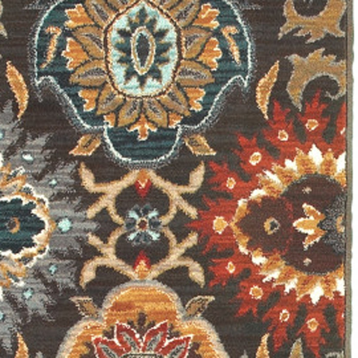 2' x 8' Brown Grey Rust Red Gold Teal and Blue Green Floral Power Loom Runner Rug