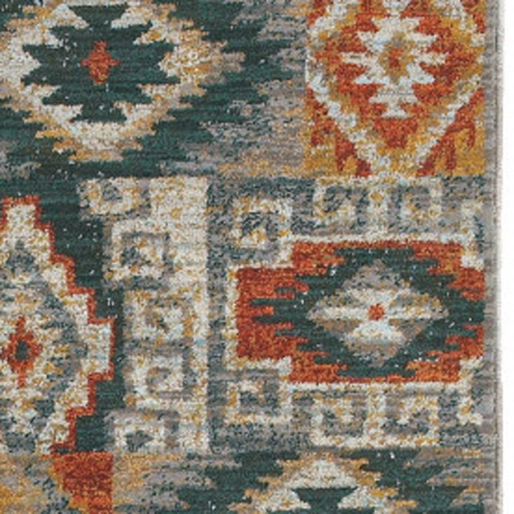 2' x 8' Blue Teal Grey Orange Gold Ivory and Rust Geometric Power Loom Runner Rug