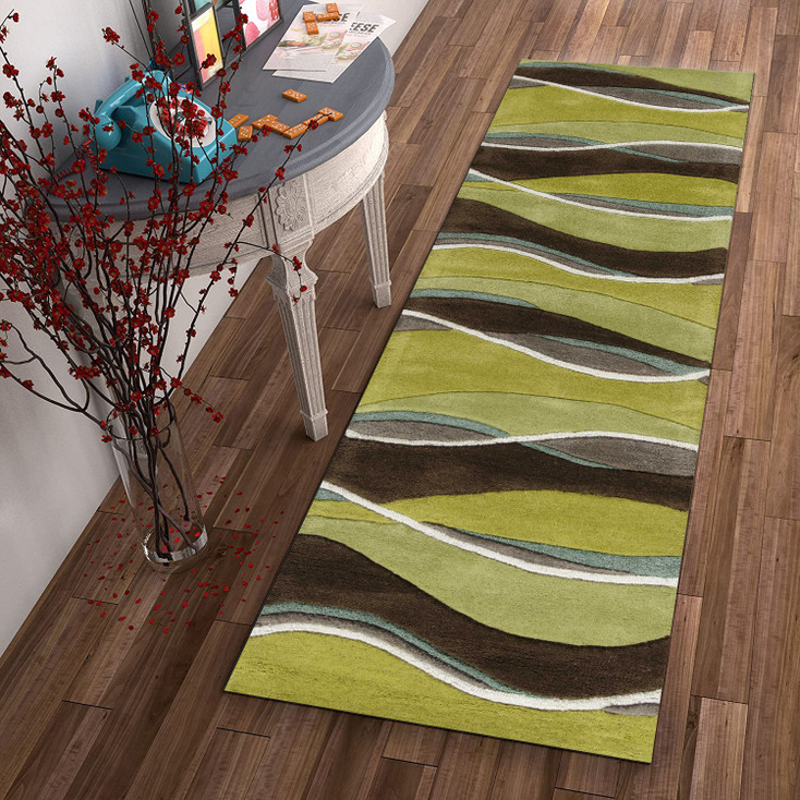 2' x 8' Lime Mocha Hand Tufted Abstract Waves Indoor Runner Rug